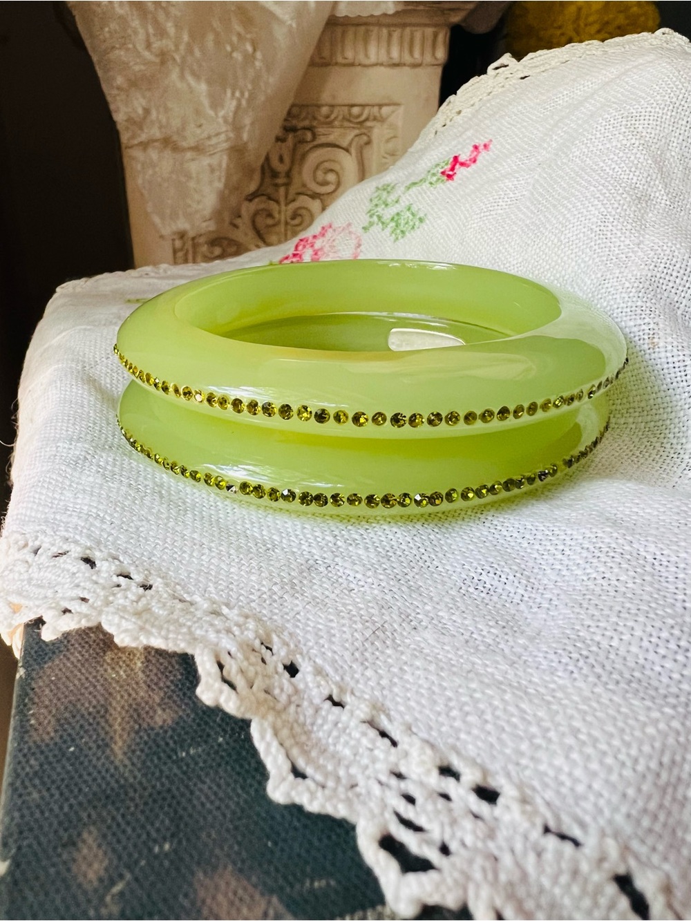 Angelique de Paris Lime 2 Green Rhinestone Lucite or Acrylic Bangle Bracelets